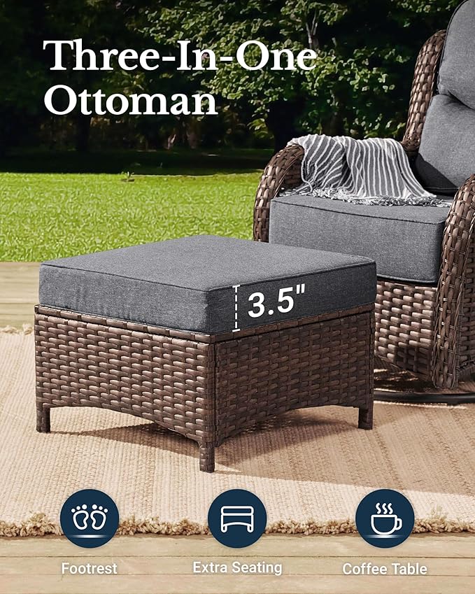HILLGA Luxury Patio Furniture Set with 6-Inch Thick Cushions, High Back Outdoor Swivel Rocker Chairs and Ottoman, 5-Piece All Weather Conversation Set for Porch Deck Balcony Yard, Dark Grey (V3)