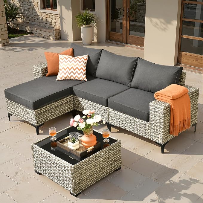 ovios 5-Piece Patio Furniture Set with L-Shape Sofa Chaise, Outdoor Sectional Couch Coffee Table, Modern Modular Wicker Rattan Conversation Set, Black