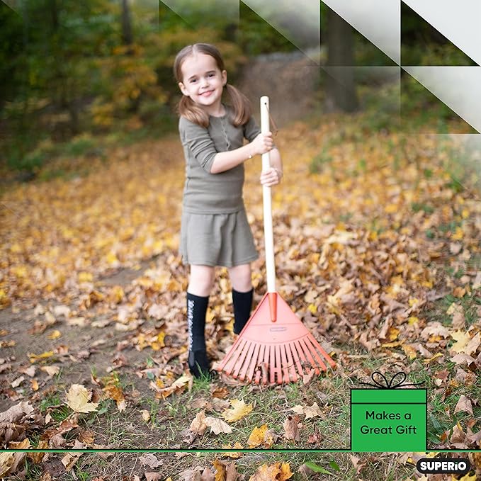 Superio Kids & Adult Rakes with Hardwood Handle, Durable Plastic Head to Sweep Leaves in Lawn and Tidying Up The Garden, Kids Size 34" Adult Size 61"