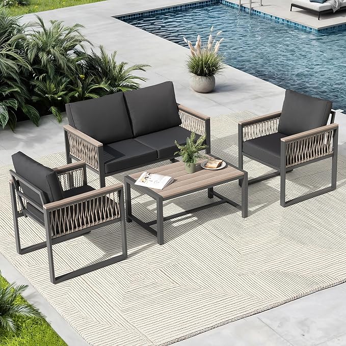 NUU GARDEN 4 Pieces Outdoor Patio Furniture Set, 4 Seats Outdoor Sectional with Coffee Table, Wicker Patio Conversation Sets with Armrests and Cushions Patio Set for Backyard, Garden and Poolside