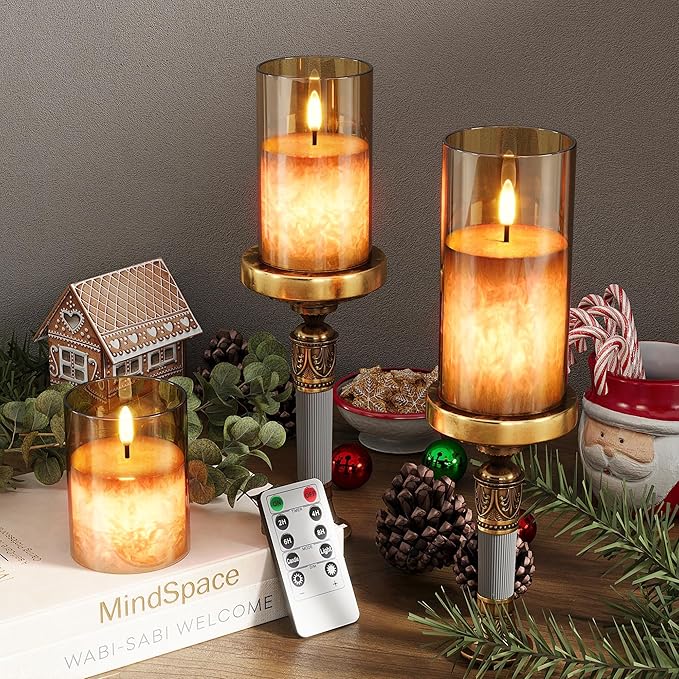 VIODAIM Ice Crystal Real Wax Glass Flameless Candles with Remote & Timer, Battery Operated Candles with Warm Flickering Flame, Realistic LED Candle for Wedding Home Decor [D3×H4/5"/6"] Gold, 3Pack
