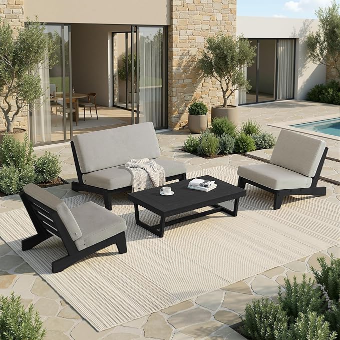 UIXE 5 Pieces Black Wood Patio Furniture Sets, 2 Patio Loveseat, 2 Patio Bistro Chair, All Weather Outdoor Sectional Sofa Furniture Backyard Conversation Set with Coffee Table - Light Camel
