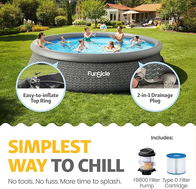 Funsicle Quickset Designer 15' x 36" Round Above Ground Swimming Pool, with FiltraBoost 800 GPH Filter Pump, Type D Filter Cartridge & Repair Patch, Dark Herringbone