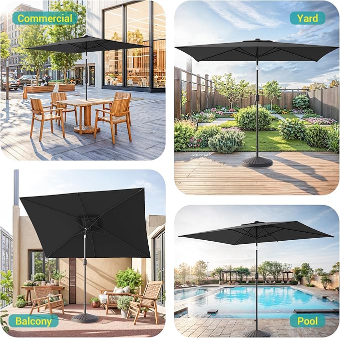 Rectangle Patio Umbrella with Solar Lights, 6x9ft Outdoor Rectangular Table Market Umbrella Patio with Push Button Tilt and Crank for Pool, Deck, Garden,Backyard