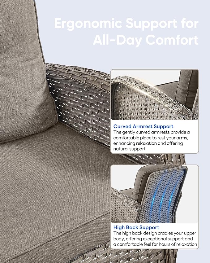 6 Pieces Outdoor Furniture-Patio Swivel Rocker Chairs Set of 2 3-Seater Wicker Couch with Outdoor Ottoman Outdoor Patio Furniture Set for Deck Porch Garden Balcony Poolside-Grey/Grey