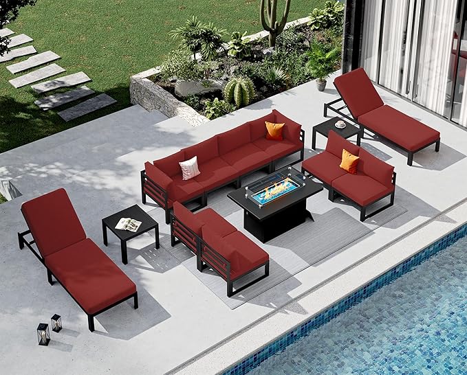 NICESOUL 13 Pcs Aluminum Patio Sectional Furniture Set with Lounge Chair & Fire Pit Table, 500 lbs Heavy Duty Anti-Rust Outdoor Couch, 29" Deep Wide Seat, High End Conversation Sofa for Poolside, Red