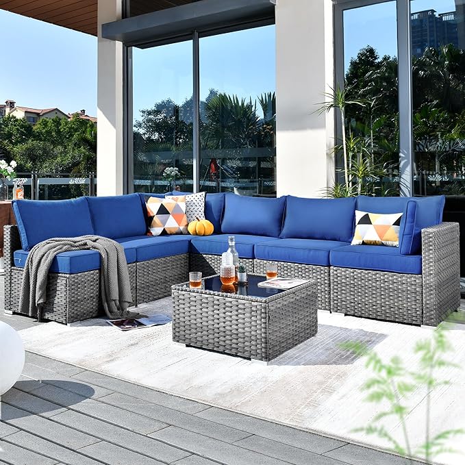 ovios Outdoor 7 Piece Coversation Set with Coffee Table,Sectional Patio Furniture Set with All-Weather Wicker Sofa,Modern Outside Couch for Balcony Backyard Pool, Navy Blue