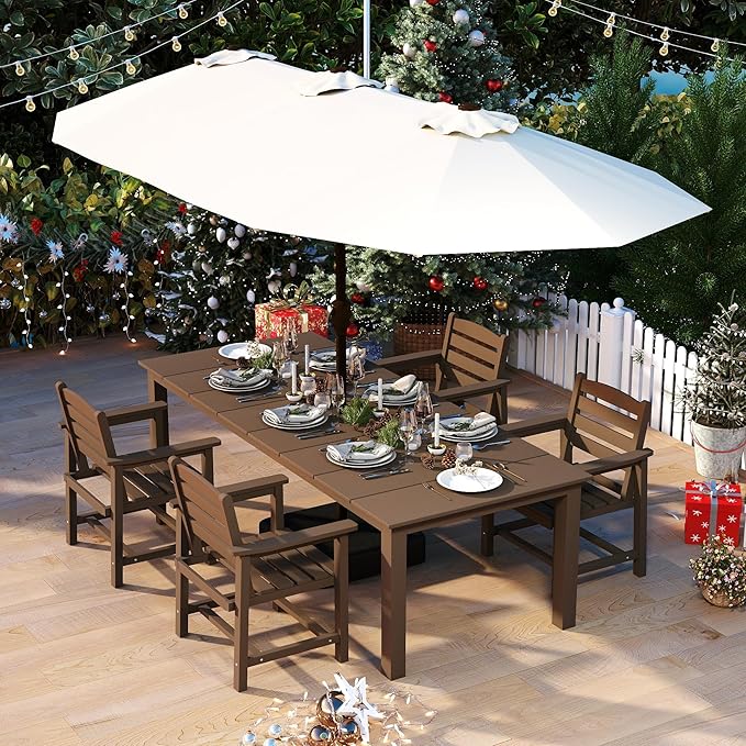 5-Piece Brown Outdoor Dining Set with White 15FT Large Patio Umbrella, 75.2'' HDPE Table & Chairs for 8, Weather-Resistant Furniture with Umbrella Hole for Patio, Lawn, Poolside