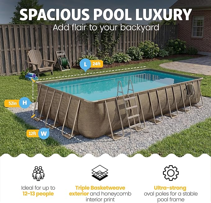 Funsicle Oasis Designer Lap 24' x 12'x 52" Rectangular Above Ground Swimming Pool, with FiltraBoost 1200 GPH Filter Pump, Ladder, Maintenance Kit, Cover & Ground Cloth, Triple Basketweave
