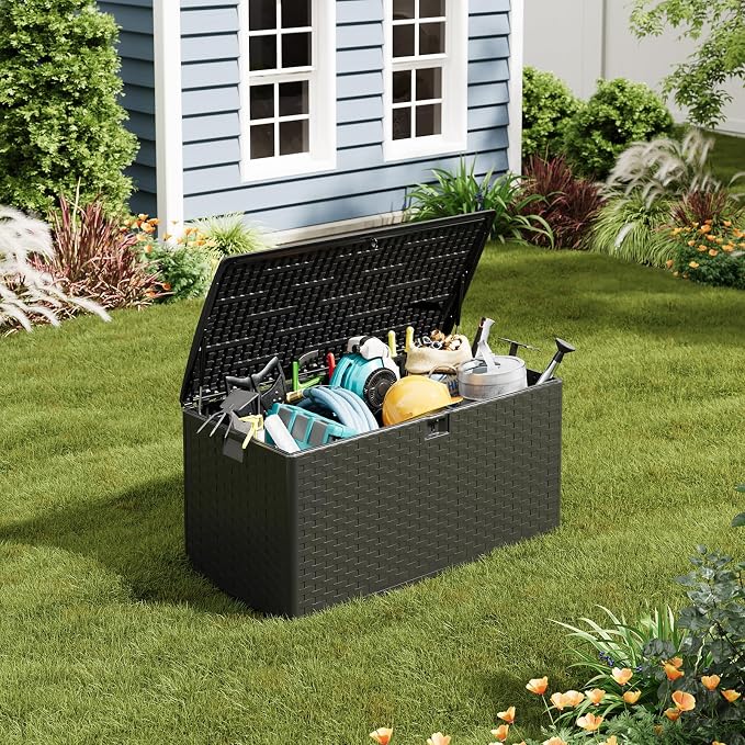 CABIHOME 99 Gallon Outdoor Resin Deck Box, Waterproof Lockable Patio Storage Bench with Handles, Large All-Weather Container for Furniture Cushions Garden Tools Pool Accessories