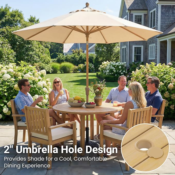 FansaFurn 7 Pieces Acacia Outdoor Patio Table and Chairs Set for All-Weather, Outside Furniture with Table Umbrella Hole and Removable Cushion for 6, Patio Table Set for Patio, Garden, Brown