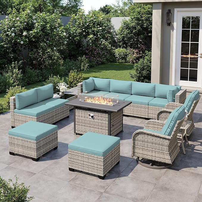 13-Piece Outdoor Patio Furniture Set with Rocking Swivel Chair, Wicker Rattan Sectional Sofa Conversation Set with 55,000 BTU Fire Pit Table with Ottomans, Backyard Furniture, Light Blue