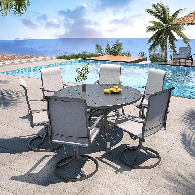 7 Piece Grey Patio Swivel Rocker Chairs and 54" Round Table Dining Set Sty1 | 6 Piece Swivel Chairs: High Back, Retro Armrest, Textilene Fabric, Rocking; 6 - 8 Person 54'' Metal Round Table