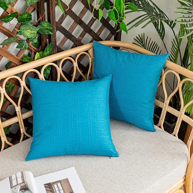Kevin Textile Pack of 2 Decorative Outdoor Waterproof Pillow Covers Garden Checkered Cushion Sham Throw Pillowcase Shell for Patio Tent Couch 20x20 Inch Peacock Blue