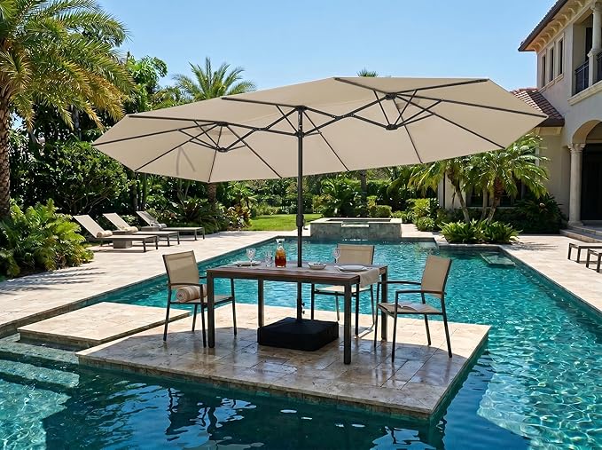 PURPLE LEAF 15ft Patio Market Umbrella with Base Double-Sided Rectangle Outdoor Table Sun Umbrellas with Crank 12 Heavy Duty Sturdy Ribs for Pool Beach Deck Backyard Khaki