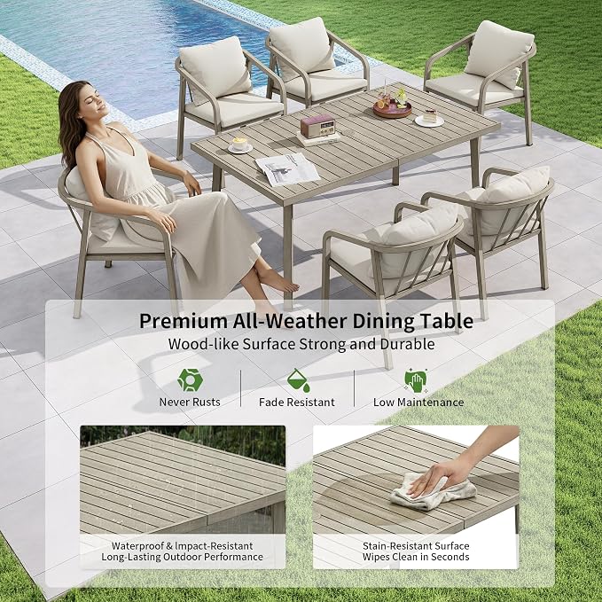 63"x35" Never-Rust Aluminum Outdoor Dining Table – Rectangular Patio Table for 6 with Umbrella Hole, Heavy Duty All-Weather for Poolside, Garden, Backyard, Porch, Deck, Gray Oak