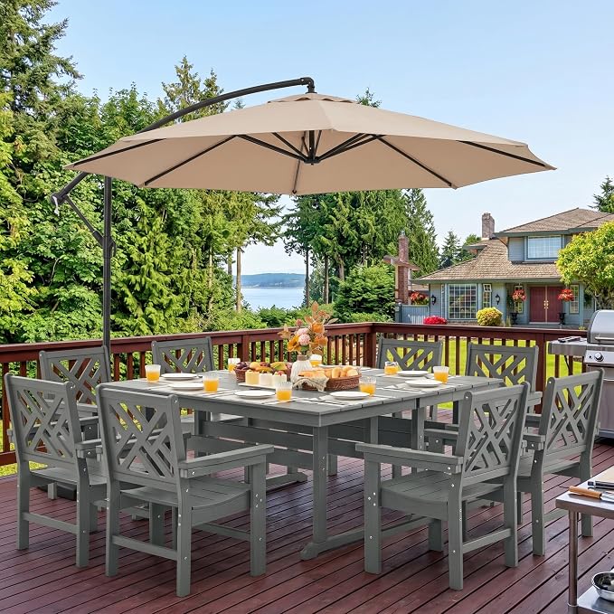 HDPE Outdoor Dining Set,10-Piece Outdoor Table and Chairs Include 8 Dining Chairs and 2 Pcs 62.5" Patio Dining Table with Umbrella Hole (Gray)