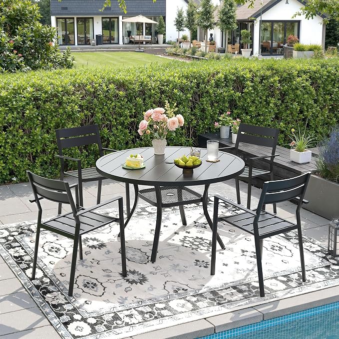 DIFY 5 Piece Outdoor Patio Dining Set for 4, Patio Table and Chairs Set with Umbrella Hole, 40.6" Round Dining Table and Stackable Metal Chairs for Backyard Garden Poolside, Black