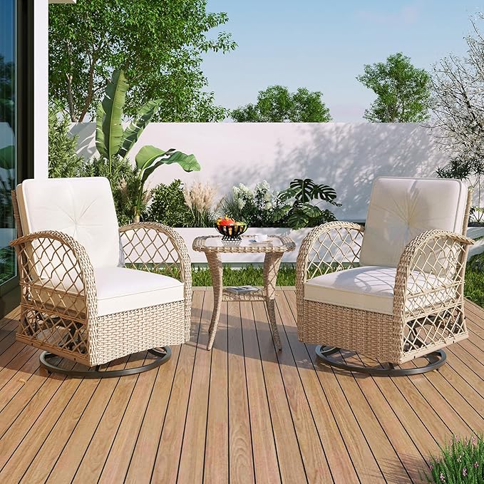3-Piece Outdoor Chair&Table Set Chat Set, Outdoor Patio Set Modern Rattan Chair Furniture Sets with Two Swivel Chairs and a Square Table 2-Person Rattan Seating Group for Garden, Balcony, Natural