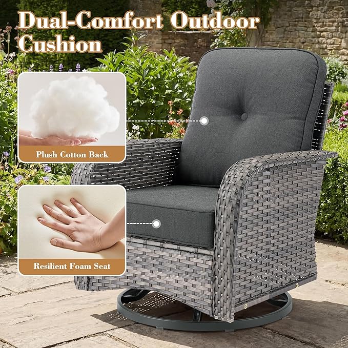 3 Pieces Patio Furniture Set, All-Weather Rattan Wicker Outdoor Furniture with Swivel Rocking Chairs and Side Table, High Back Conversation Set for Porch, Backyard, Balcony, Black