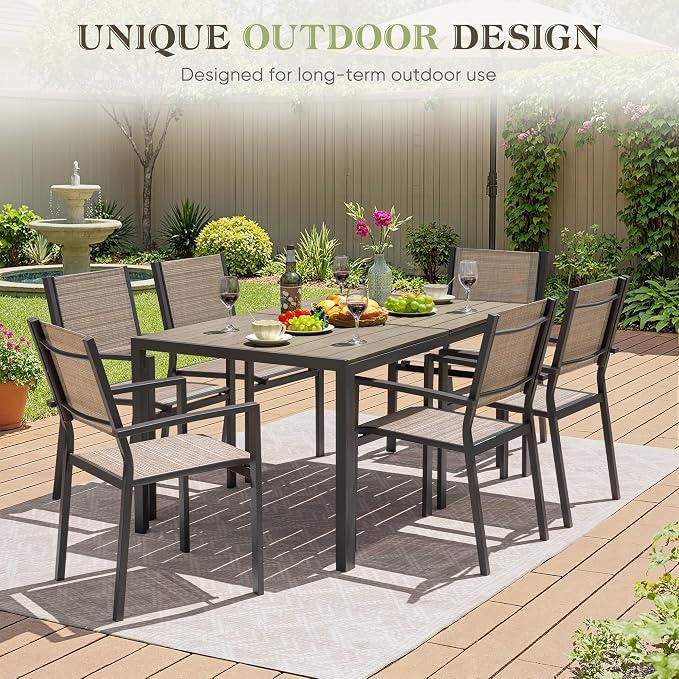 Greesum Patio Dining Set 7 Piece, Outdoor Furniture Textilene Chairs with Large Table, Comfortable for Porch, Pool, Garden, Brown