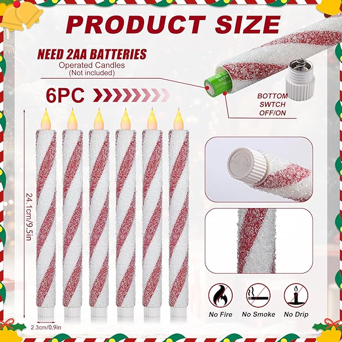 Christmas Flickering Flameless Taper Candles - 6PCS Glitter Candy Cane Red and White Stripes Sea Salt Real Wax Battery Operated Candles For Christmas Party Wedding Winter Home Decoration Xmas Decor