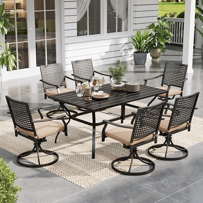 Sophia & William Outdoor Patio Dining Set 7 Piece with 6 Swivel Dining Metal Chairs and 1 Rectangular Dining Table (1.57" Umbrella Hole) Outdoor Table Furniture Set for Garden Deck Backyard, Black