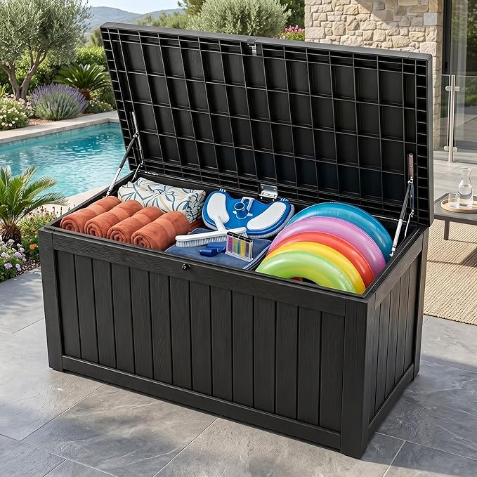 Large 258 Gallon Resin Deck Box, Heavy Duty Lockable Patio Storage Box Outdoor, Waterproof Tool Box for Garden Furniture Cushions & Pool Supplies, Wood Grain Outdoor Storage Bench for Backyard
