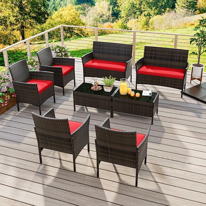 ORALNER 4 Pieces Patio Furniture Set, Rattan Chairs Loveseat with Soft Cushion and Glass Table, Outdoor Wicker Conversation Set for Balcony Garden Backyard Porch Poolside (Red)