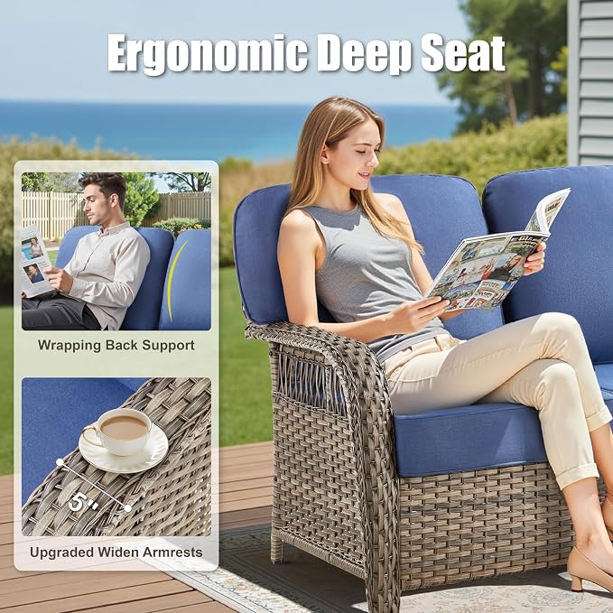 9 Pieces Outdoor Furniture Set, Swivel Rocker Patio Chairs Set of 4 Wicker 3 Seater Sofa with Ottmans Conversation Sets Patio Furniture for Deck Porch Garden Backyard, Blue