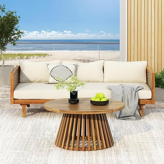 Merax Outdoor Acacia Wood Conversation Set, 3-Seat Loveseat Sofa w/Coushion and Round Coffee Table for Backyard, Patio Furniture, Teak+Beige