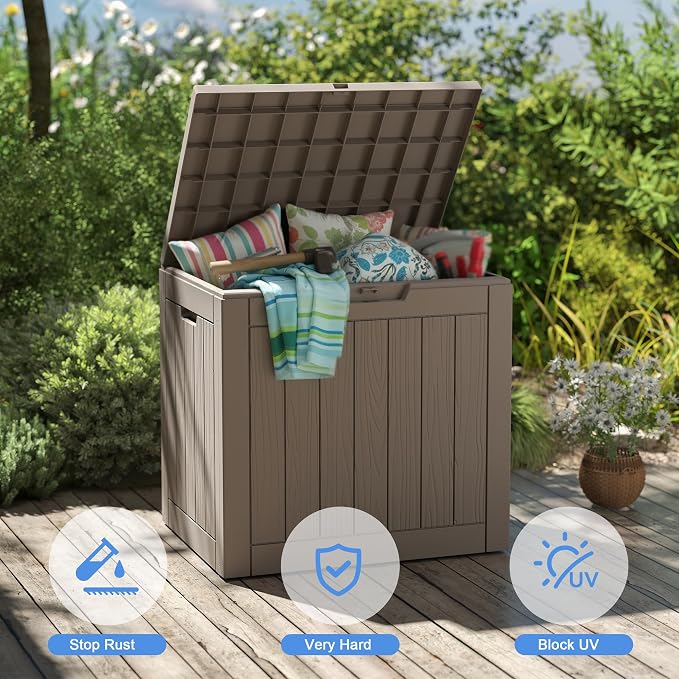 35 Gallon Outdoor Deck Storage Box, All Weather Lockable Storage Container for Backyard, Deck & Pool Side Outdoor Storage (Grey,35GAL)