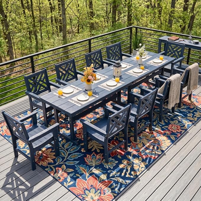 HDPE Dining Table Set for 10,12-Piece Outdoor Table and Chairs Include 10 Dining Chairs and 2 Pcs 62.5" Patio Dining Table with Umbrella Hole (Blue)