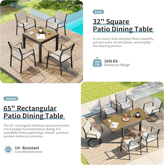 Expandable Patio Dining Table for 4-6 Person, Aluminum Extendable Outdoor Table, 32"-65" Adjustable Patio Table, Square/Rectangular Outdoor Accent Table for Garden, Backyard, Poolside, Teak