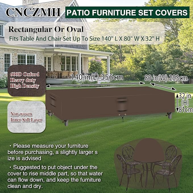 Heavy Duty Patio Furniture Covers Waterproof, 600D Outdoor Furniture Cover Waterproof for Sectional Sofa Couch, Outdoor Dining Table and Chair Set Covers 140''L x 80''W x 32''H, Brown