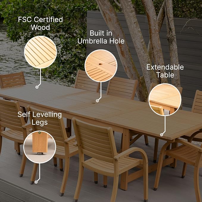 Amazonia Jefferson 9-Piece Patio Extendable Dining Table Set | Teak Finish & Light Grey Wicker Chairs with Cushion | Ideal for Outdoors and Indoors