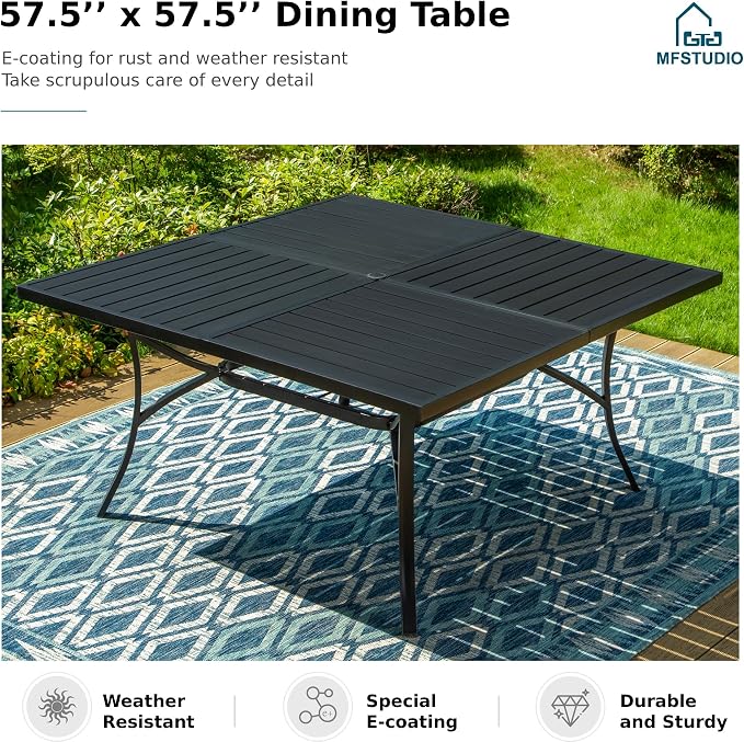 MFSTUDIO 9-Piece Patio Dining Set, 57.5" Square Metal Table, Swivel Chairs | Umbrella Hole, Red