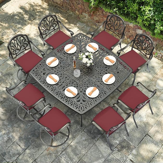 VIVIJASON 9-Piece Outdoor Furniture Dining Set for 8, Cast Aluminum Patio Table and Chairs Set with 4 Stationary Chairs, 4 Swivel Rocker Chairs, 64" Large Square Dining Table, Umbrella Hole, Red