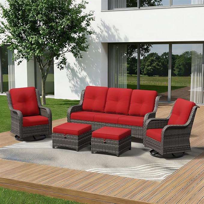 5 Piece Outdoor Wicker Patio Furniture Set, Outdoor Swivel Rocker Patio Chairs Set with Thickened Olefin Cushions, High Back and Deep Seating, Hand-Woven PE Rattan for Porch, Deck