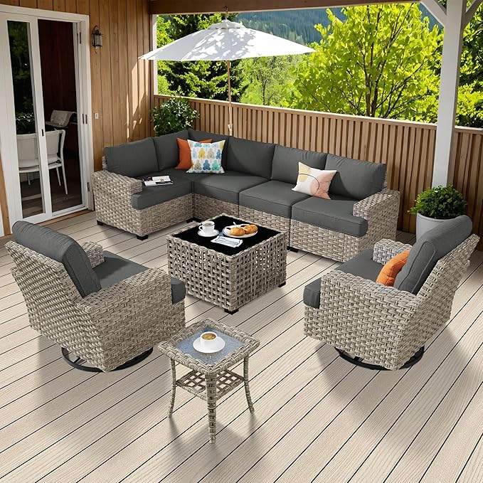 Weaxty 9 Pieces Patio Furniture Set, Outdoor Sectional Furniture Sofa Set w/Swivel Rocking Chairs Coffee Table, PE Wicker Modular Couch Conversation Set for Backyard Garden,Black