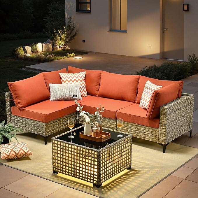 5 Pieces Patio Furniture Set with Solar Light Coffee Table, All-Weather Rattan Outdoor Sectional Conversation Sets L Shaped Sofas for Outside Porch Balcony Backyard Coarse Stripes Red