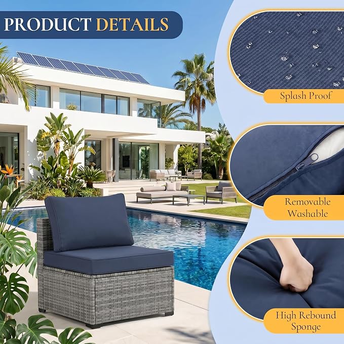 7 Pieces Outdoor Patio Furniture Set, All-Weather Sectional Sofa | Grey Wicker Conversation Set with Glass Table and Blue Cushions | PE Rattan Weaving | Ideal for Patio, Pool, Balcony