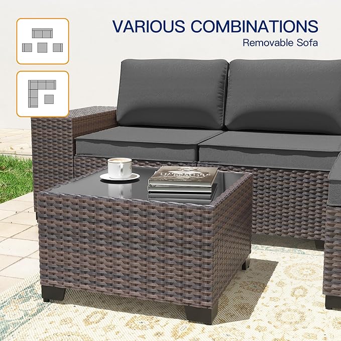 6 Pieces Patio Furniture Sets with Glass Tea Table,PE Rattan Wicker Patio Conversation Set with Washable Cushions,Outdoor Patio Sectional Furniture Set for Backyard, Poolside, Garden,Grey