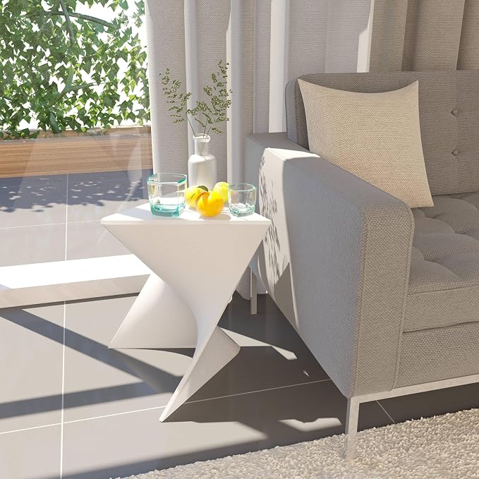 LeisureMod 15.75" Triangular Side Table, Stackable Plastic Accent End Table for Indoor & Outdoor Use, Weather-Resistant Modern Patio & Living Room Table, Set of 2, White