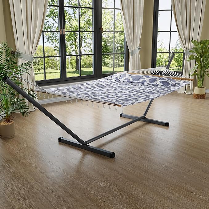 Garvee 57" Double Hammock with Heavy Duty Stand – 2 Person Hammock, Widening Cotton Fabric Design, 450 LB Capacity for Indoor & Outdoor Use (Light Grey)
