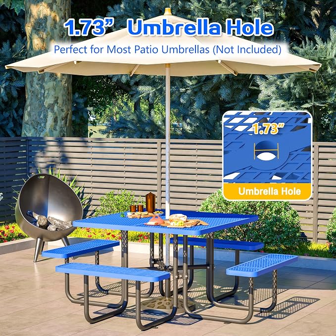 46" Iron Mesh Picnic Table with 1.73" Umbrella Hole Blue | Rust & Heat-Resistant, All-Season Use, Safe Arc Corners, Outdoor Square Metal Picnic Tables for Patio, Park or Backyard