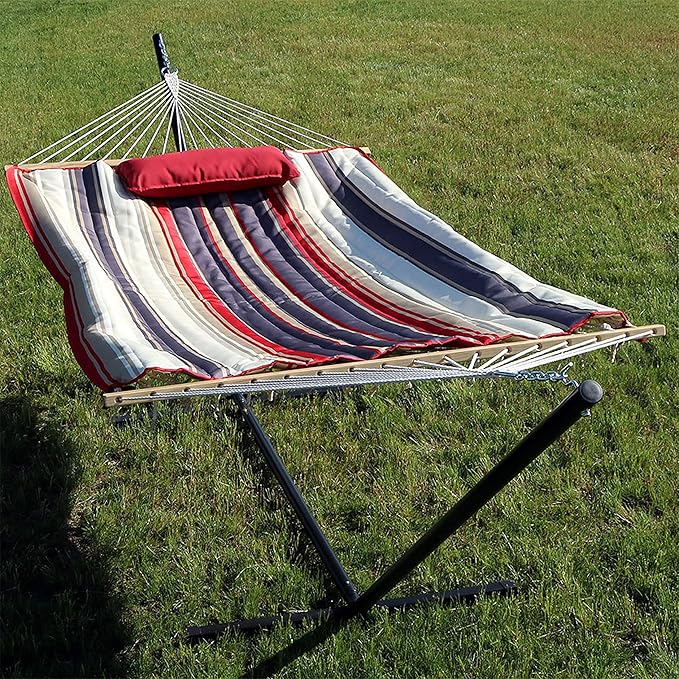 Sunnydaze Rope Hammock with Stand for Outside- 275-Pound Capacity - Includes 12-Foot Hammock Stand, Spreader Bar, Pad, and Pillow - Modern Lines