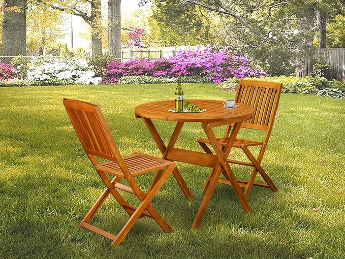 East West Furniture MNCM3CWNA 3 Piece Patio Bistro Sets Wood Folding Table Set Contains a Round Outdoor Acacia Wood Coffee Table and 2 Folding Side Chairs, 30x30 Inch, Natural Oil