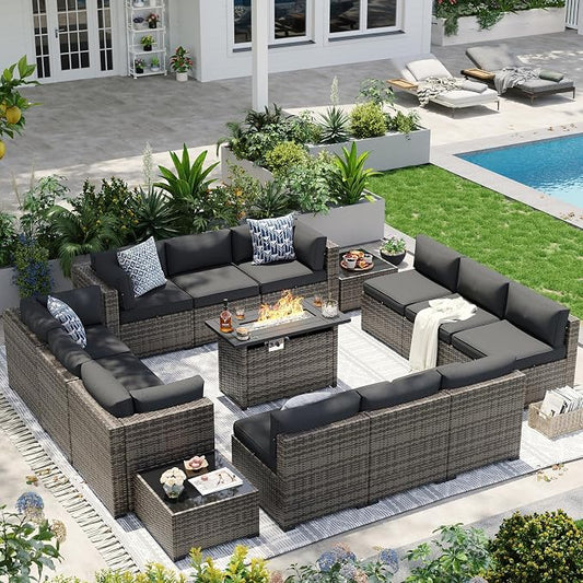 Aoxun Patio Furniture Sets, 15-Piece Outdoor Patio Furniture with 44'' Propane Gas Firepit Table, Wicker Outdoor Conversation Set Sectional Sofa for Backyard, Poolside