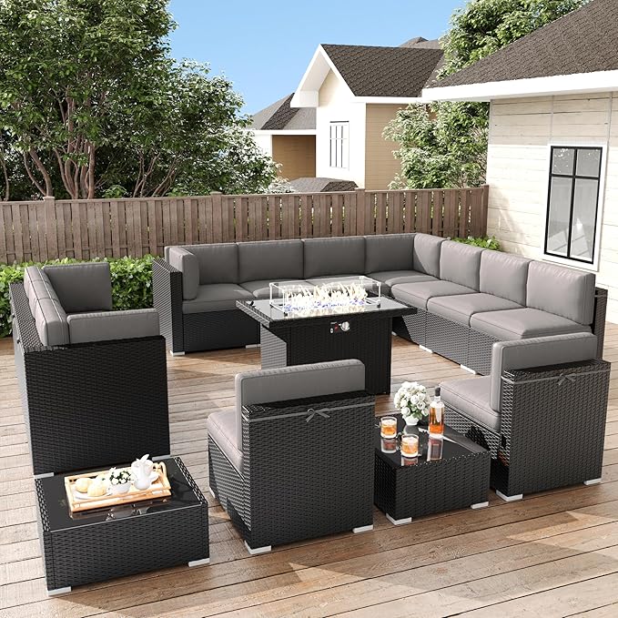 LayinSun 15 Pieces Patio Furniture Set with Fire Pit Table, Black Rattan Modular Sectional Patio Conversation Sofa Set